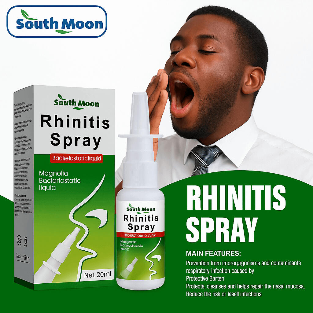 Flacon de spray confort nasal posé sur un fond naturel.